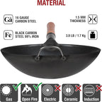 YOSUKATA 14" Carbon Steel Wok with Round Bottom – Pre-Seasoned Pow Wok for Stir Fry – Traditional Chinese Japanese Black Steel Pan – Outdoor Cookware for Gas Stovetops, Open Fire, BBQ, Camping