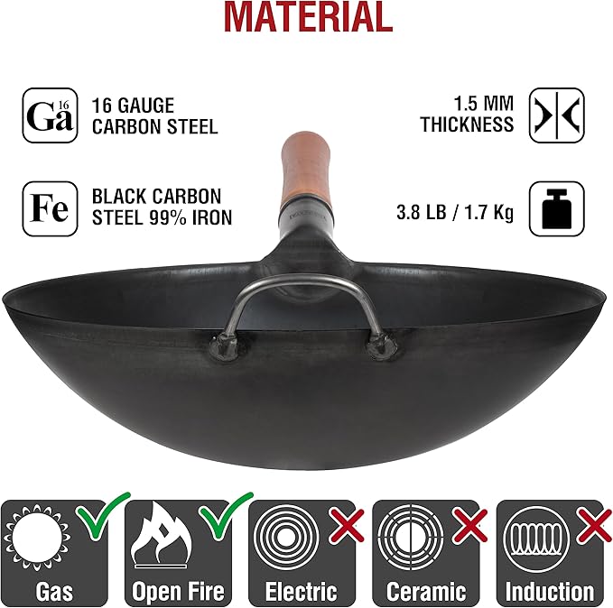 YOSUKATA 14" Carbon Steel Wok with Round Bottom – Pre-Seasoned Pow Wok for Stir Fry – Traditional Chinese Japanese Black Steel Pan – Outdoor Cookware for Gas Stovetops, Open Fire, BBQ, Camping