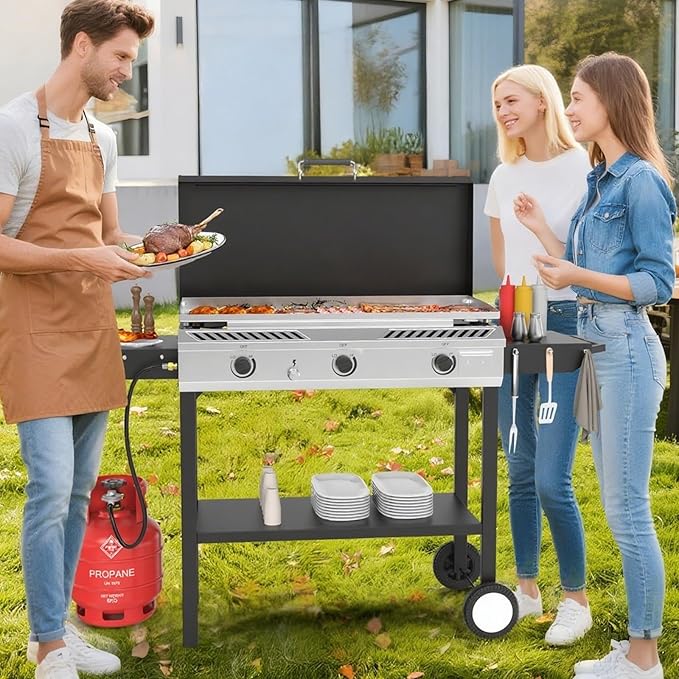 Bonnlo 2-in-1 Propane Stove and Griddle, 3 Burner Outdoor Gas Cooker with Iginition, Storage Shelf and Portable Wheels, 225000BTU Output Camping Stove for Backyard Cooking BBQ Frying and Boiling