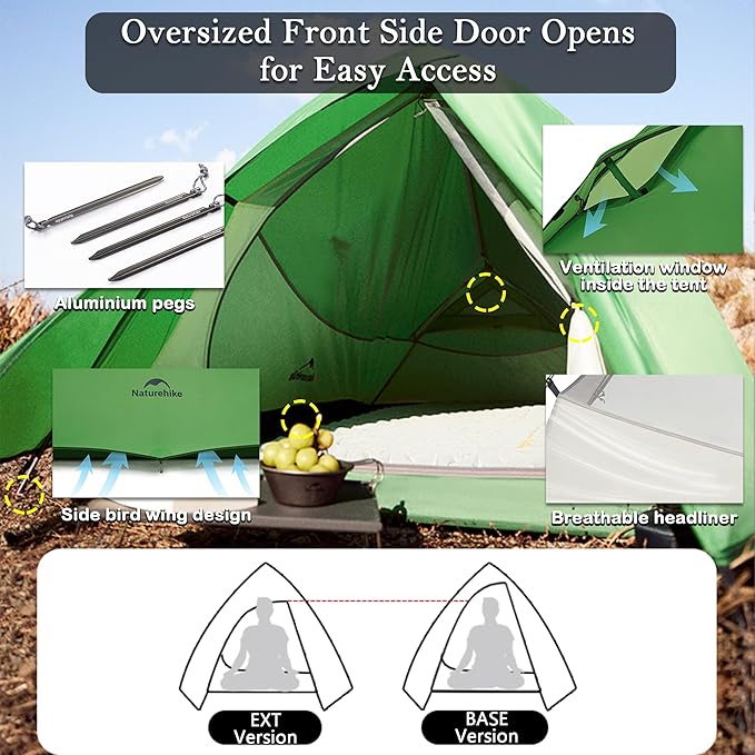 Naturehike 1/2 Person 3 Seasons Cloud Up Base Tent, Windproof [7-Level] & Rainproof [PU3000mm+] Camp Tent with Y Self-Supporting Structure for Camping Backpacking Hiking Trekking
