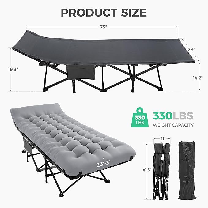 JEAREY 2-Piece Camping Cot for Sleeping 28" Extra Wide, Heavy-Duty 1200D Oxford Foliding Cots for Adults Portable with Mattress, Carry Bag for Guest, Travel, Hiking, Light Gray