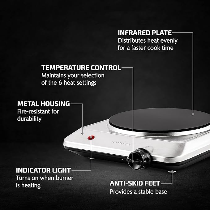 OVENTE Countertop Infrared Single Burner, 1000W Electric Hot Plate w/ 7.5” Ceramic Glass Cooktop, 6 Level Temperature Setting & Easy to Clean Base, Compact Stove for Home Dorm Office, Silver BGI201S