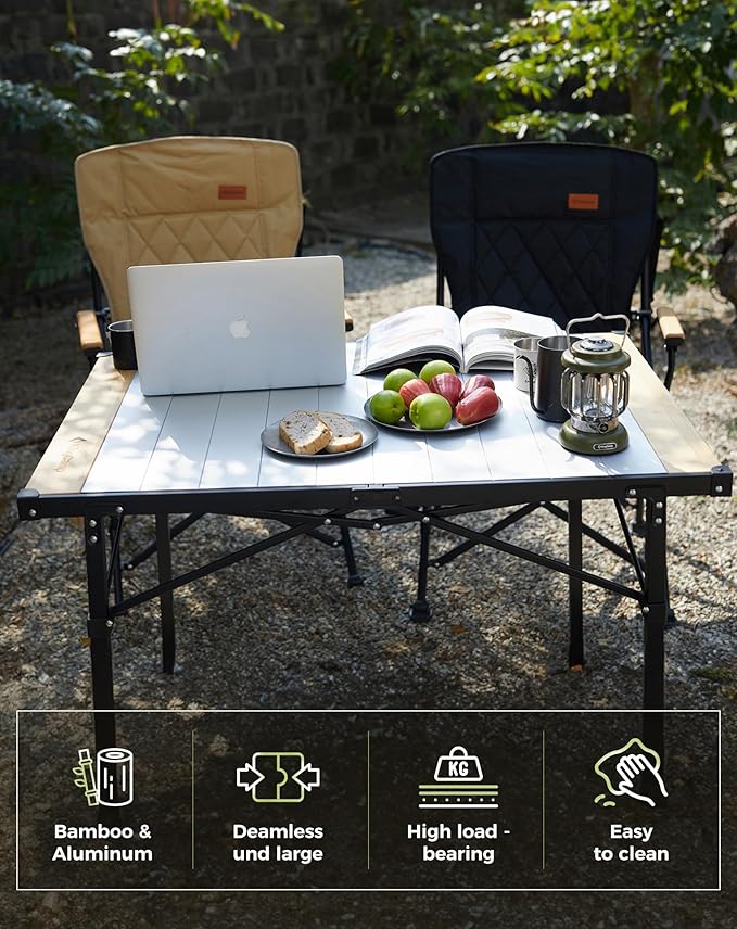 KingCamp Folding Camping Table, Aluminum Roll-Up Camp Table, Large Foldable Table for 4-6 Person, Outdoor Portable Tables with Carry Bag, 176 LBS Heavy Duty Load (Bamboo：40.16“x27.5”，4-6 People)