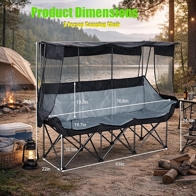 Oversized 3 Person Camping Chair with Canopy Shade Fully Padded Outdoor Folding Camping Chair Suitable For Outdoor Camping, Lawns, And Backyards Equipped With Cup Holders And A Portable Storage Bag