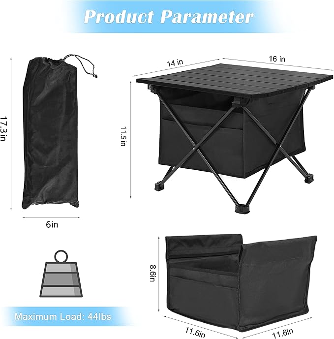 Portable Folding Aluminum Alloy Camping Table with High-Capacity Storage and Carry Bag, Small Size, for Camping, Traveling, Hiking, Fishing, Beach, BBQ,Black