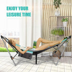 Portable Folding Hammock w/Side Pocket, Lounge Camping Bed w/Metal Stand & Anti-tip Buckles, Outdoor Camping Hammock with Carrying Bag for Patio Garden Yard, Easy Assembly (Turquoise)