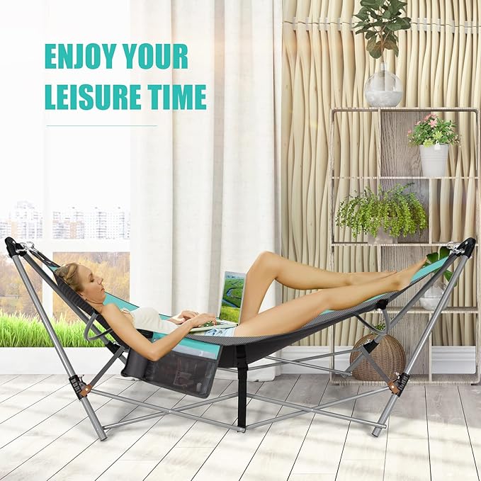 Portable Folding Hammock w/Side Pocket, Lounge Camping Bed w/Metal Stand & Anti-tip Buckles, Outdoor Camping Hammock with Carrying Bag for Patio Garden Yard, Easy Assembly (Turquoise)