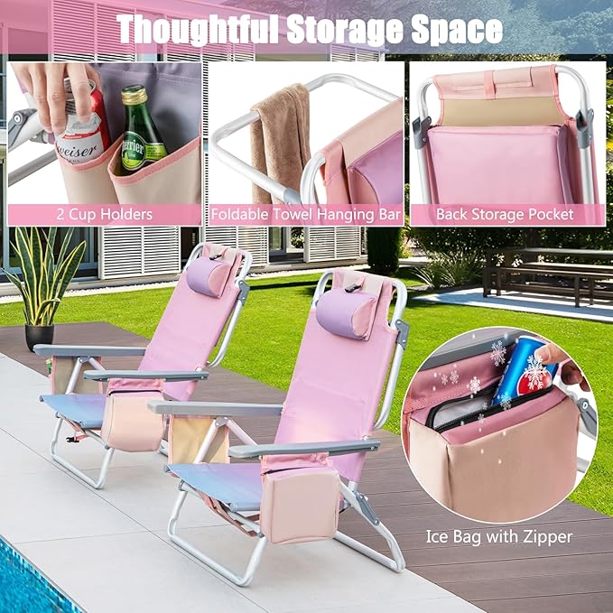 GYMAX Beach Chairs, Backpack Camping Chair with Armrest, Cooler Bag, Cup Holder, Towel Bar & Side Pockets, Sunbath Sling Tanning Lounge, Folding Layout Chair (with Table, Pink)