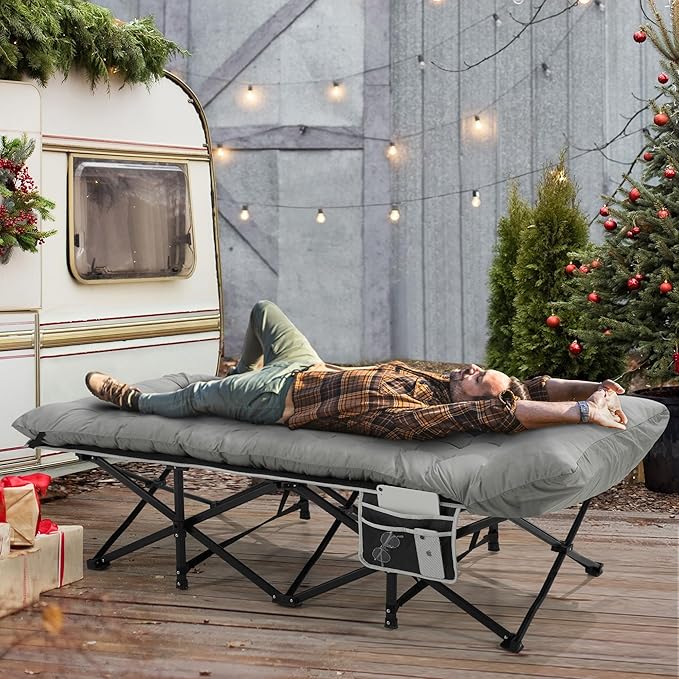 Portable Camping Cot, 32" Extra Wide Camping Cots for Adults with Thick Mattress, Heavy Duty Sleeping Cot Holds Up to 600LBS, Cots for Sleeping, Rv, Beach, Patio, Office Naps(Grey)