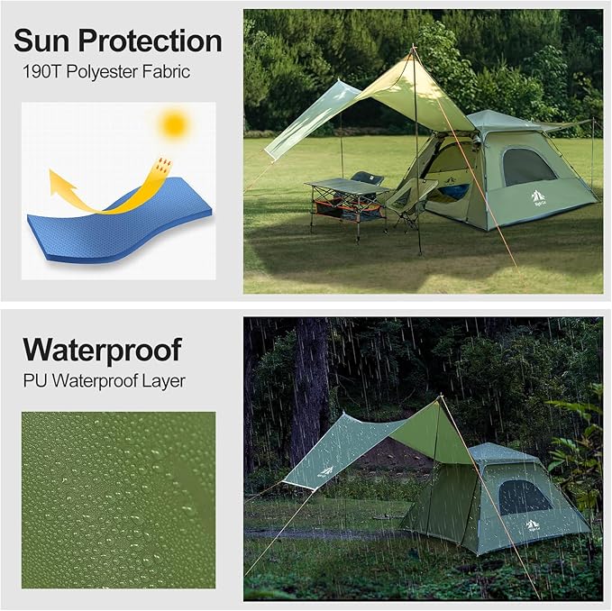Night Cat 3-Person Camping Tent: Waterproof Instant Cabin Tent with Canopy Tarp for Family, 2-in-1 Canopy Tent with Porch Easy Setup