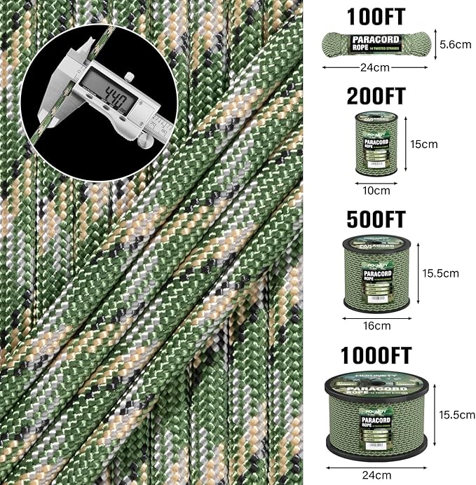 1200 Paracord Rope - 4.4mm 14 Strand Nylon Parachute Spool para Cord Lanyard for Outdoor Camping Survival Utility Tent Crafting DIY Projects Fishing Clothsline Bracelet - Camo Green 500FT