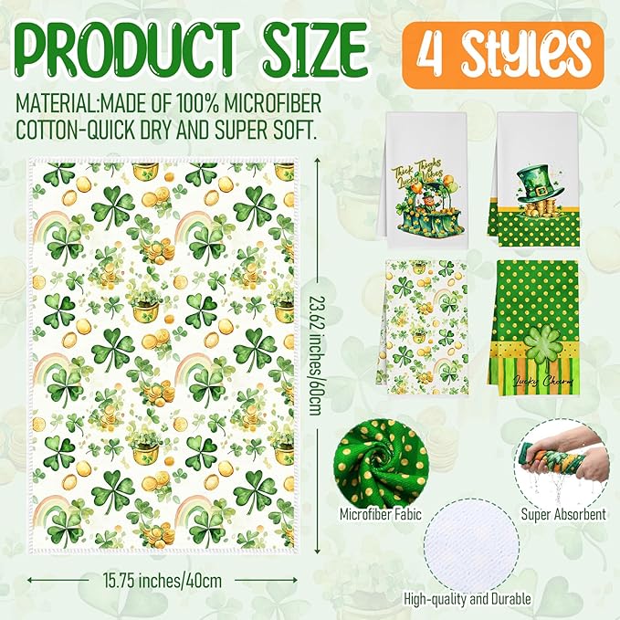 8 Pcs St Patrick Day Kitchen Decor Set 4 Four Leaf Clover Dish Towel 2 Pot Holder 2 Oven Mitt Tent for Car Irish Hat Kitchen Accessories Rv Campers Home Decorations