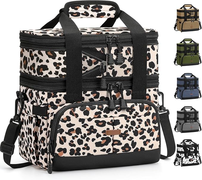 Lunch Box For Men Women Double Deck Insulated Lunch Bag For Men Woman Leakproof Expandable Cooler Bag with Adjustable Shoulder Strap for Kids Shool Work Picnic Camping(Leopard,Large)