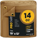 PROTARP Heavy Duty 14 OZ Water Resistant Canvas Tarp, UV Resistant Tarpaulin Cover with Rustproof Brass Grommets, Multipurpose for Canopy, Roof, Camping, Woodpile (Tan 10'X12')
