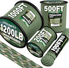 1200 Paracord Rope - 4.4mm 14 Strand Nylon Parachute Spool para Cord Lanyard for Outdoor Camping Survival Utility Tent Crafting DIY Projects Fishing Clothsline Bracelet - Camo Green 500FT