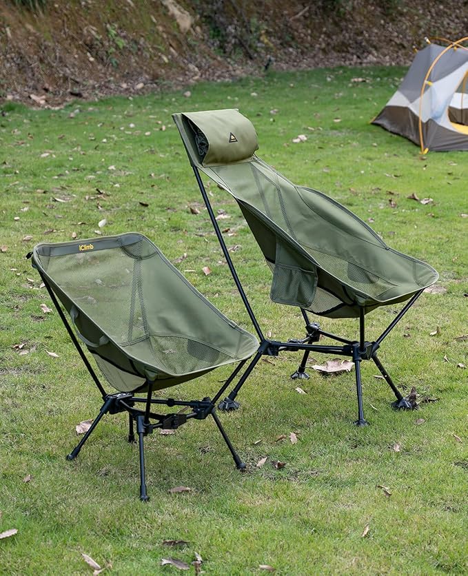 iClimb Ultralight Compact Camping Folding Beach Chair with Anti-Sinking Large Feet and Back Support Webbing (Black - Triangular Frame - 2PC)