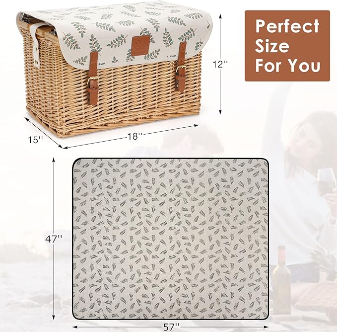 Picnic Basket with Table, Wine Picnic Basket Set 4, Wicker Picnic Basket for 4, Willow Hamper Service Gift Set with Blanket & Portable Wine Snack Table for Camping and Outdoor Party