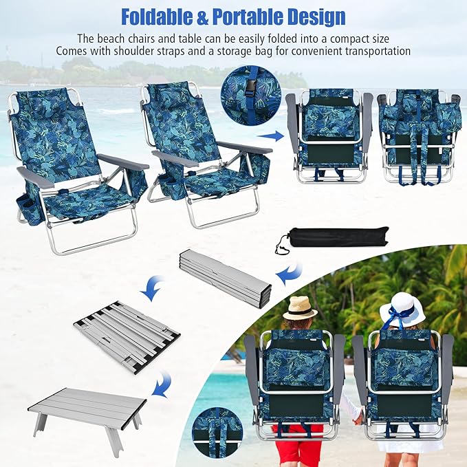 Tangkula 2 Pack with Table Beach Chairs, 5-Position Adjustable, Lightweight Folding, Navy
