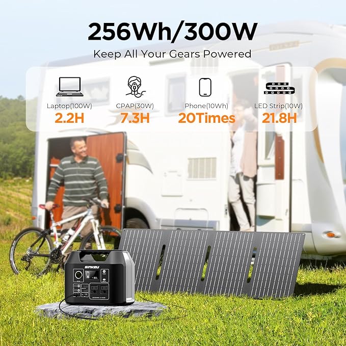 SinKeu Portable Power Station 300W with 40W Solar Panel,256Wh Solar Generator LiFePO4 Battery with USB DC AC Outlet for Outdoor,Off-Grid Living,RV,Emergency