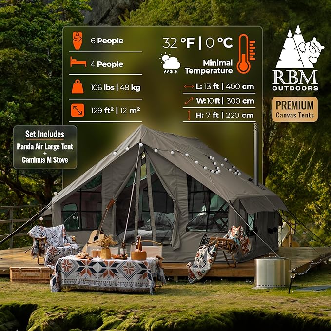Inflatable Canvas Camping Tents with Stove Jack – Air Beam Blow Up Family Camping Tent for 2–6 People, Fast Setup Shelter with Hand Pump