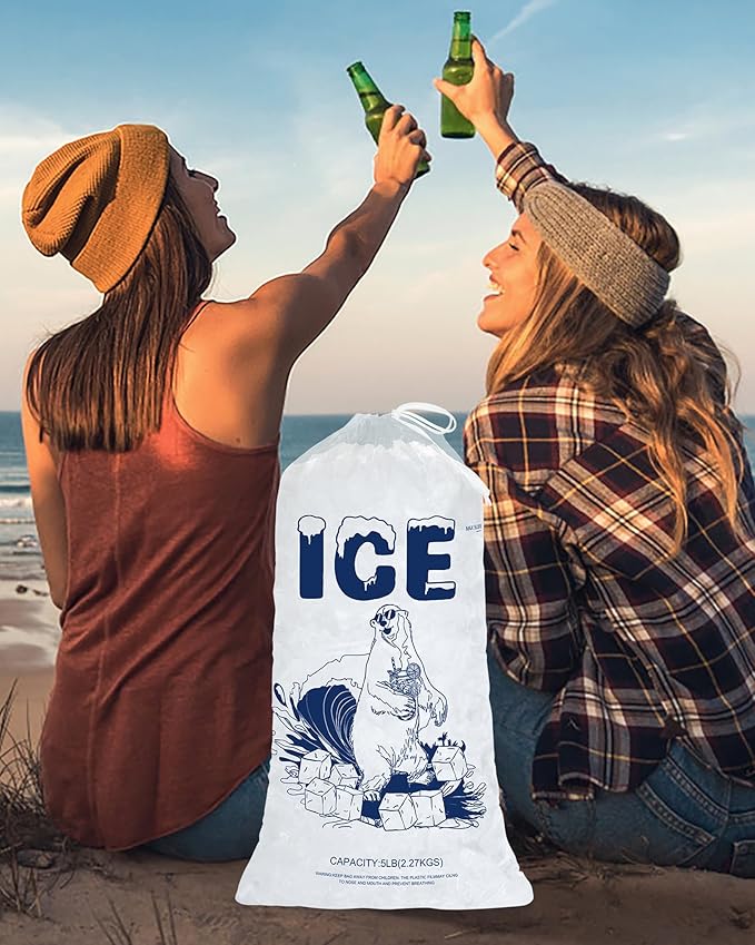 5lb Ice Bags with Drawstring – 50 Pack Reusable Heavy-Duty Plastic Ice Cube Bags for Freezer, Ice Maker, Coolers, Camping, Storage, Leak-Resistant & Food Safe