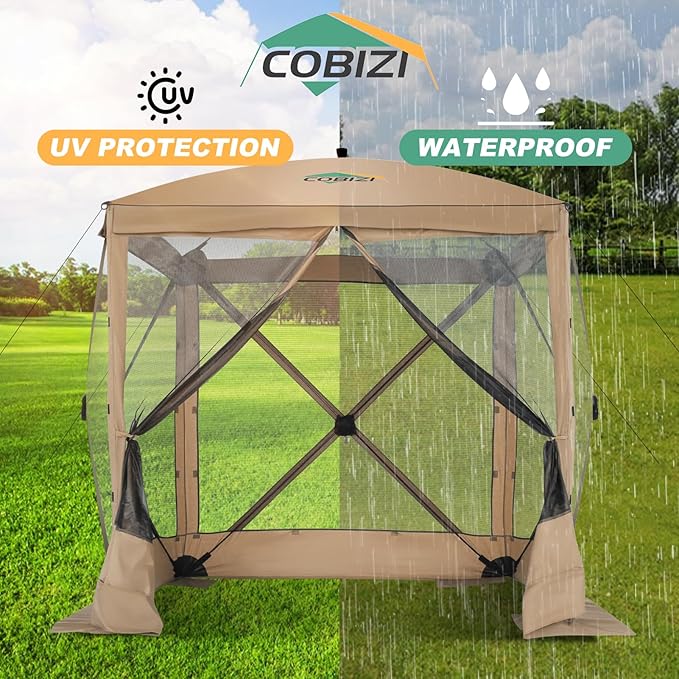 COBIZI 6x6 FT Pop up Gazebo Tent, Waterproof Instant Screen with Mosquito Netting, Portable Outdoor Small Screen Tents Sun Shelter, carpas para Patio for Outdoor Camping, Backyard and Garden, Khaki