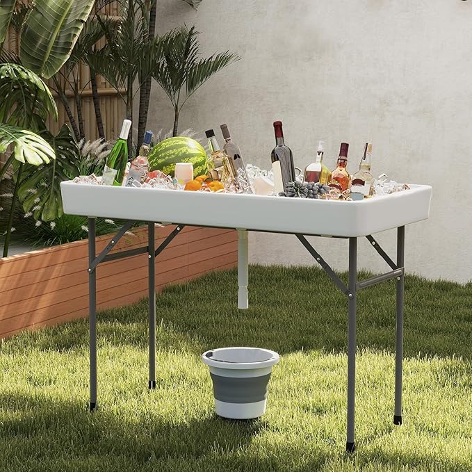 Giantex Folding Ice Cooler Table, 46'' Outdoor Chill Bar Table with Drain, Foldable Bucket & Removable Matching Skirt, for Events, Party, Camping, Buffet Beverage Server, White