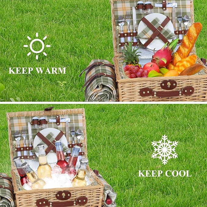 Picnic Basket for 2 with Blanket, Willow Picnic Basket Set with Shoulder Strap&Wine Pouch, Large Willow Hamper with Insulated Cooler for Outdoor, Camping, Beach, Couples, Wedding Gift