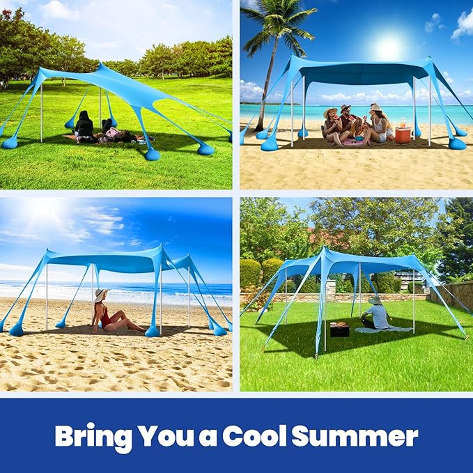 Rhino Valley Beach Tent Shade Canopy UPF50+ Protection, 8 Sandbags, 4 Stability Poles, Outdoor Sun Shelter Umbrella for Sand, Camping, Fishing Essentials