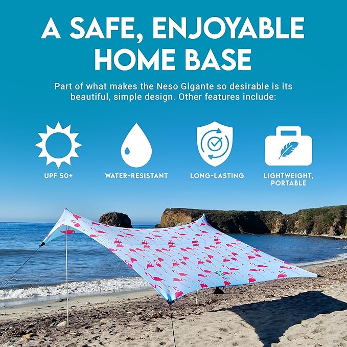 Neso Gigante Portable Beach Tent Sun Shelter - Lightweight Beach Shade Canopy - Easy Setup for Family Outings - Patented Reinforced Corners - UPF 50+ Sun Protection - 8ft Tall, 11 x 11ft - Flamingos
