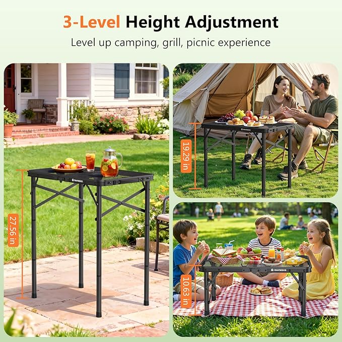 Folding Grill Table for Outside, 3 Height Adjustable Small Camping Table with Mesh Bag, Metal Aluminum Folding Table, 23.62 x 15.75 inches, Portable Grill Stand for Picnic, Camping, BBQ, Beach, Black
