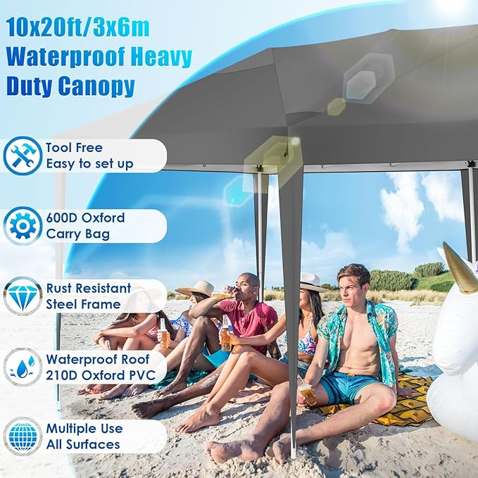 COBIZI 10x20 Pop Up Canopy Tent Party Tents for Parties Weddings Backyard Waterproof Outdoor Commercial Instant Canopy Event Tent with Stakes, Ropes,Sandbags, Gray