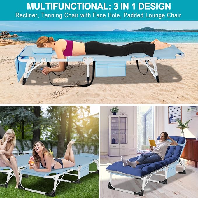 ABORON Folding Camping Cot W/Mat & Face Arm Hole for Adults, Adjustable Heavy Duty Outdoor Bed,1200 D Layer Oxford Travel Camp Cots for Beach, Pool, Lawn,Yard, Patio