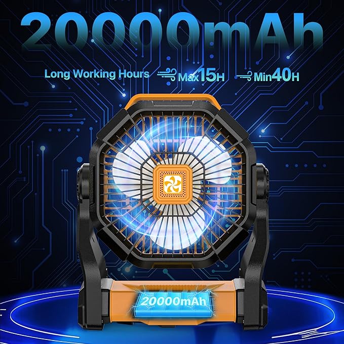 Camping Fan Battery Powered -20000mAh Portable Rechargeable Fans Light, Battery Operated Fan for Camping Hook 4 Speed Quiet Cordless USB Personal Cooling for Desk Home Beach Tent BBQ