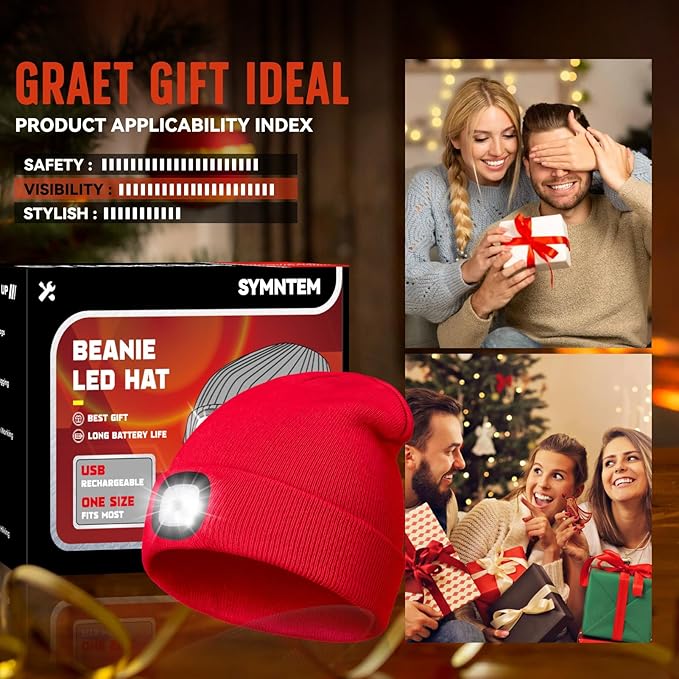 Unisex Beanie Hat with Light, Rechargeable Headlamps Cap, Gifts for Men, Hiking, Camping headlamps, Cool Gadget Birthday Gifts for Men, Women, Dad, Father, Boyfriend, Red
