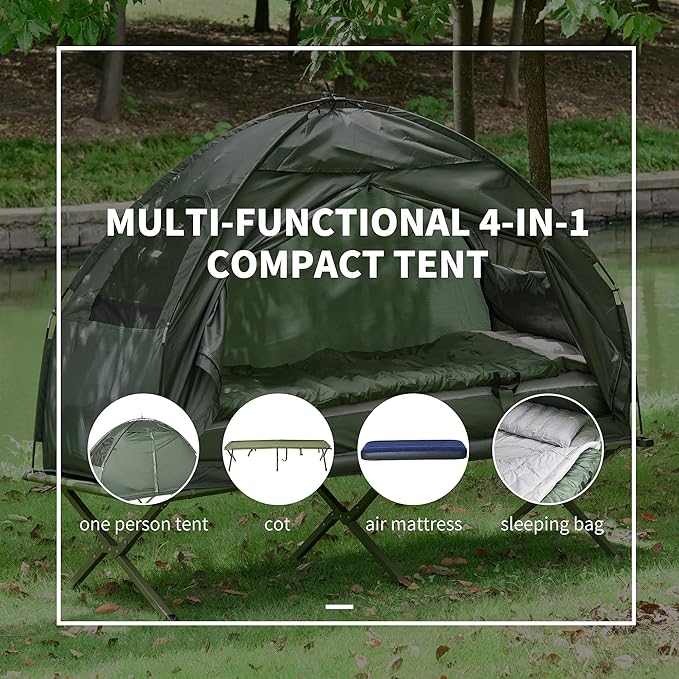 2 Person Foldable Camping Cot with Tent, Bedspread and Thick Air Mattress, 4-in-1 Elevated Camping Bed Tent for Outdoor Hiking, Picnic, Travel