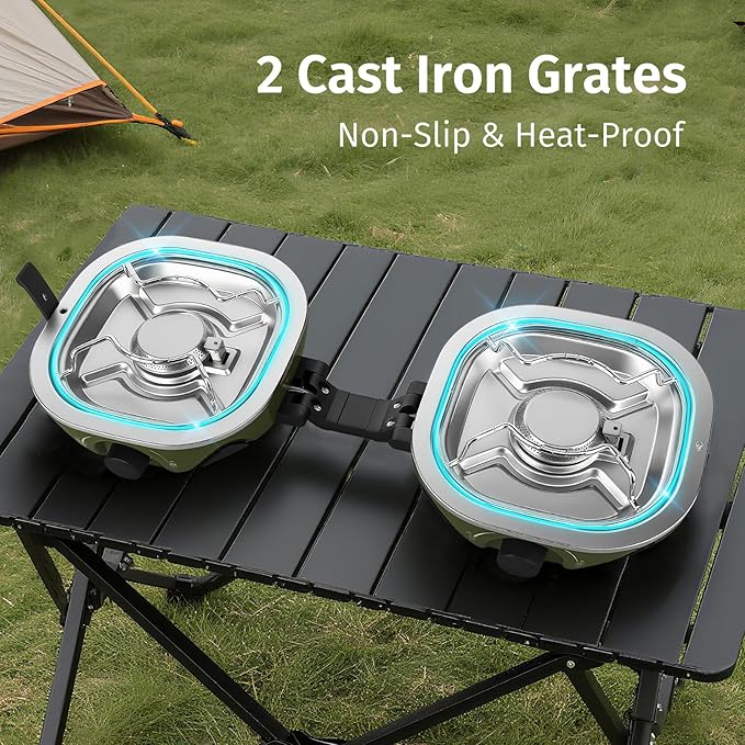 INFOOD Propane Camping Stove 20,000 BTU - Portable 2 Burner Gas Stove with Adjustable Flame Control, Piezo Ignition, Carry Bag & Propane Adapter Hose, Folding Design for Camp, BBQ, Tailgating, Green