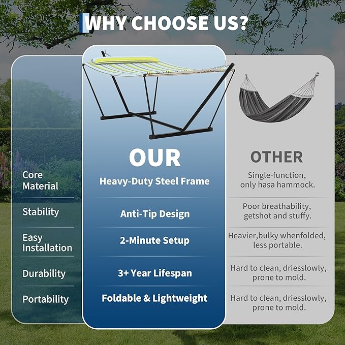 Heavy Duty 2 Person Double Hammock with Portable Adjustable Steel Stand, Outdoor Hammock with Pillow for Patio, Garden, Beach, Backyard Camping