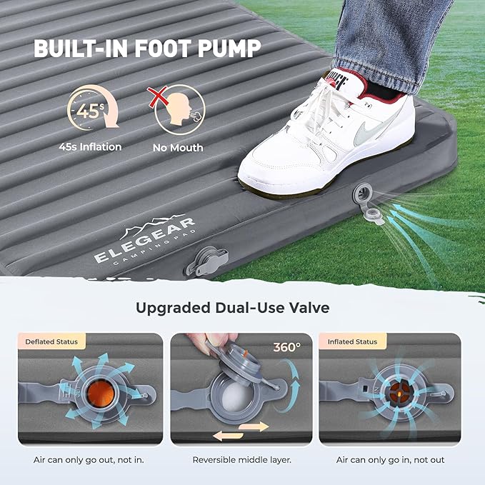 Elegear CumbreX™ Air & Foam Camping Sleeping Pad, HexaFoam Camping Mattress Pad with Built-in Foot Pump Memory Foam Camp Pad 4-Season R-Value 9.5 Camp Sleeping Mat for Travel/Car/Tent, Gray
