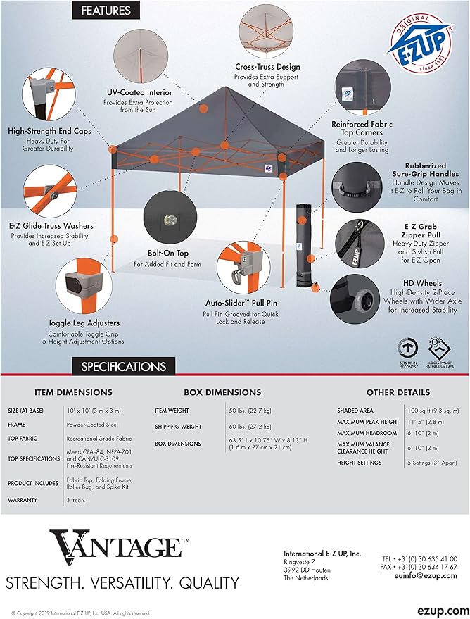 E-Z UP Vantage Instant Shelter Canopy, 10' x 10', Steel Gray Powder-Coated Steel Frame with Wide-Trax Roller Bag & 4 Piece Spike Set, Black