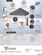E-Z UP Vantage Instant Shelter Canopy, 10' x 10', Steel Gray Powder-Coated Steel Frame with Wide-Trax Roller Bag & 4 Piece Spike Set, Black