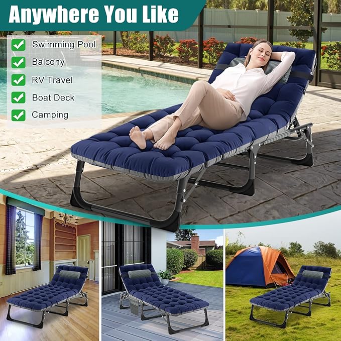 DoCred Folding Lounge Chair with Mattress, 5 Position Adjustable Folding Sleeping Bed Cot Chaise Lounge Chairs Perfect for Sunbathing, Camping, Pool, Beach, Patio
