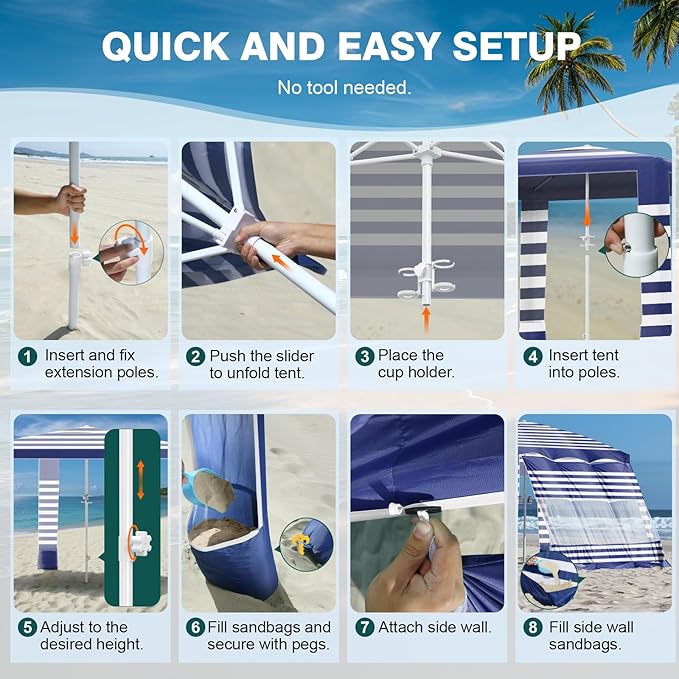 Rhino Valley Beach Cabana, 8 * 8FT Beach Tent UPF50+ Protection, Easy Setup Beach Canopy Wind Resistant with Cup Holder, Compact Beach Shade Foldable Beach Tent Sun Shelter, Blue Stripes