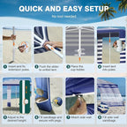 Rhino Valley Beach Cabana, 8 * 8FT Beach Tent UPF50+ Protection, Easy Setup Beach Canopy Wind Resistant with Cup Holder, Compact Beach Shade Foldable Beach Tent Sun Shelter, Blue Stripes