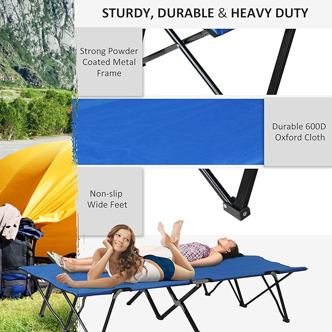 2 Person Folding Camping Cot for Adults, 50" Extra Wide Outdoor Portable Sleeping Cot with Carry Bag, Elevated Camping Bed, Beach Hiking, Blue