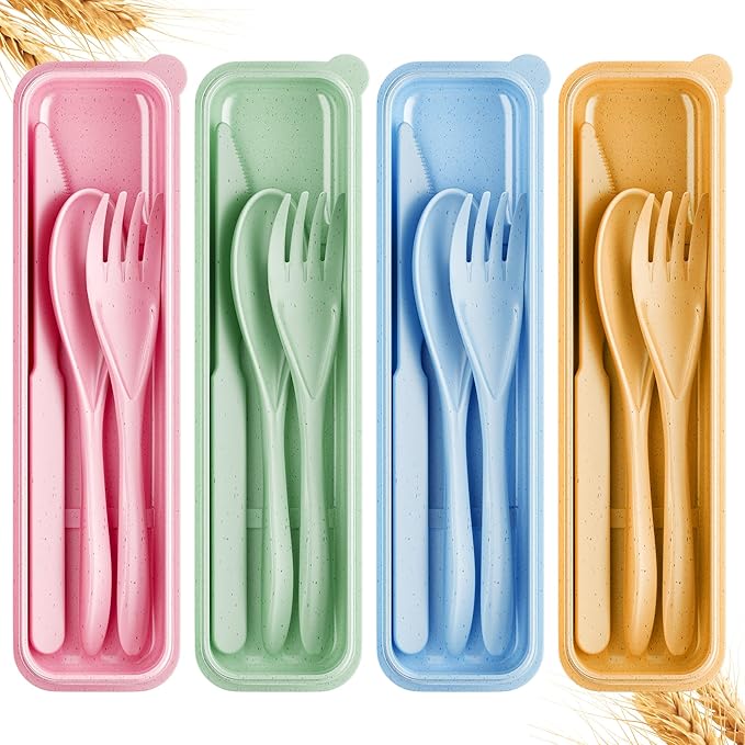 Quatish Reusable Travel Utensils with Case,4 Sets of Camping Utensils,Portable Wheat Straw Utensil (Knife, Fork, Spoon) for Lunch Box,Kitchen, Travel, Picnic & Daily Use - Easy to Clean (Multi-Color)