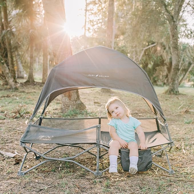 Baby Delight Go with Me Bungalow Deluxe Portable Cot | Toddler Travel Bed | Indoor and Outdoor | Sun Canopy | Grey