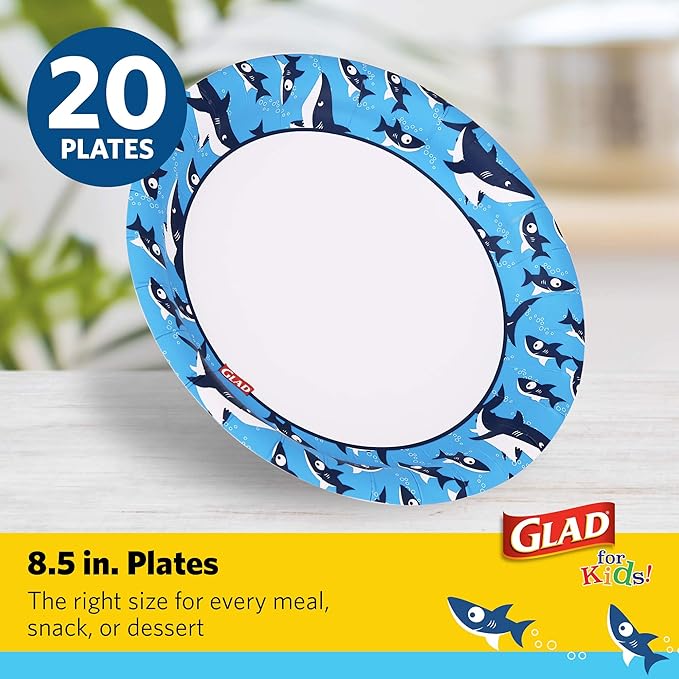 Glad for Kids 8.5 Inch Round Paper Plates, Cute Sharks Design, Heavy Duty Cut-Resistant and Soak-Proof Disposable Plates, Microwavable Kids Tableware for Meals, Parties, Snacks, 20 Count