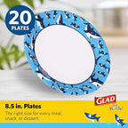 Glad for Kids 8.5 Inch Round Paper Plates, Cute Sharks Design, Heavy Duty Cut-Resistant and Soak-Proof Disposable Plates, Microwavable Kids Tableware for Meals, Parties, Snacks, 20 Count