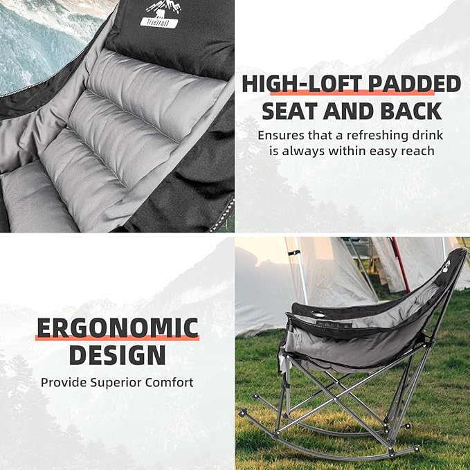 Oversized Rocking Camping Chairs with Side Pocket & Cup Holder - Set of 2 Heavy-Duty 400lbs Padded Outdoor Chairs (Black & Gray)